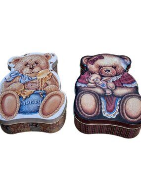 2 Vintage Teddy Bear Shaped Tins 7 ½” x 5”